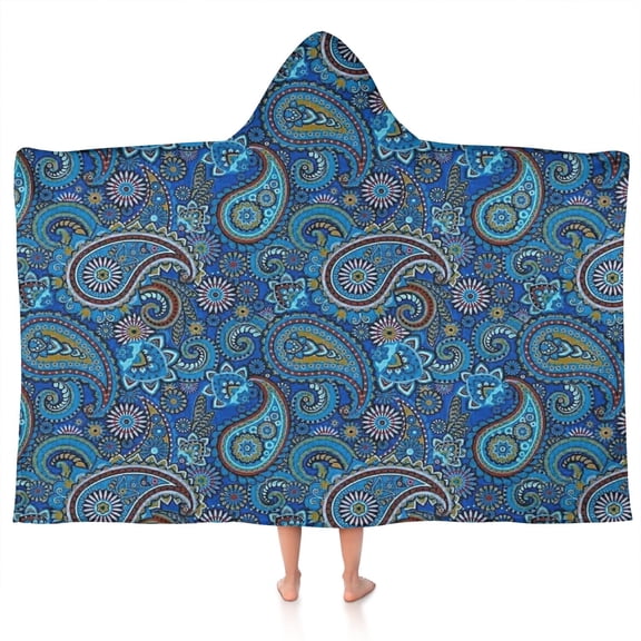 Blue Paisley Pattern Hooded Bath Towel，50"x30" for Ages 3 To 12 Kids, Quick Dry Lightweight Soft Microfiber Hood Beach Towel Cover Up for Kids