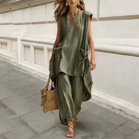 SOOMLON Matching Sets Women Outfits Plus Size Asymmetrical Sleeveless Shirts Loose Barrel Pants with Pockets 2 Piece Set