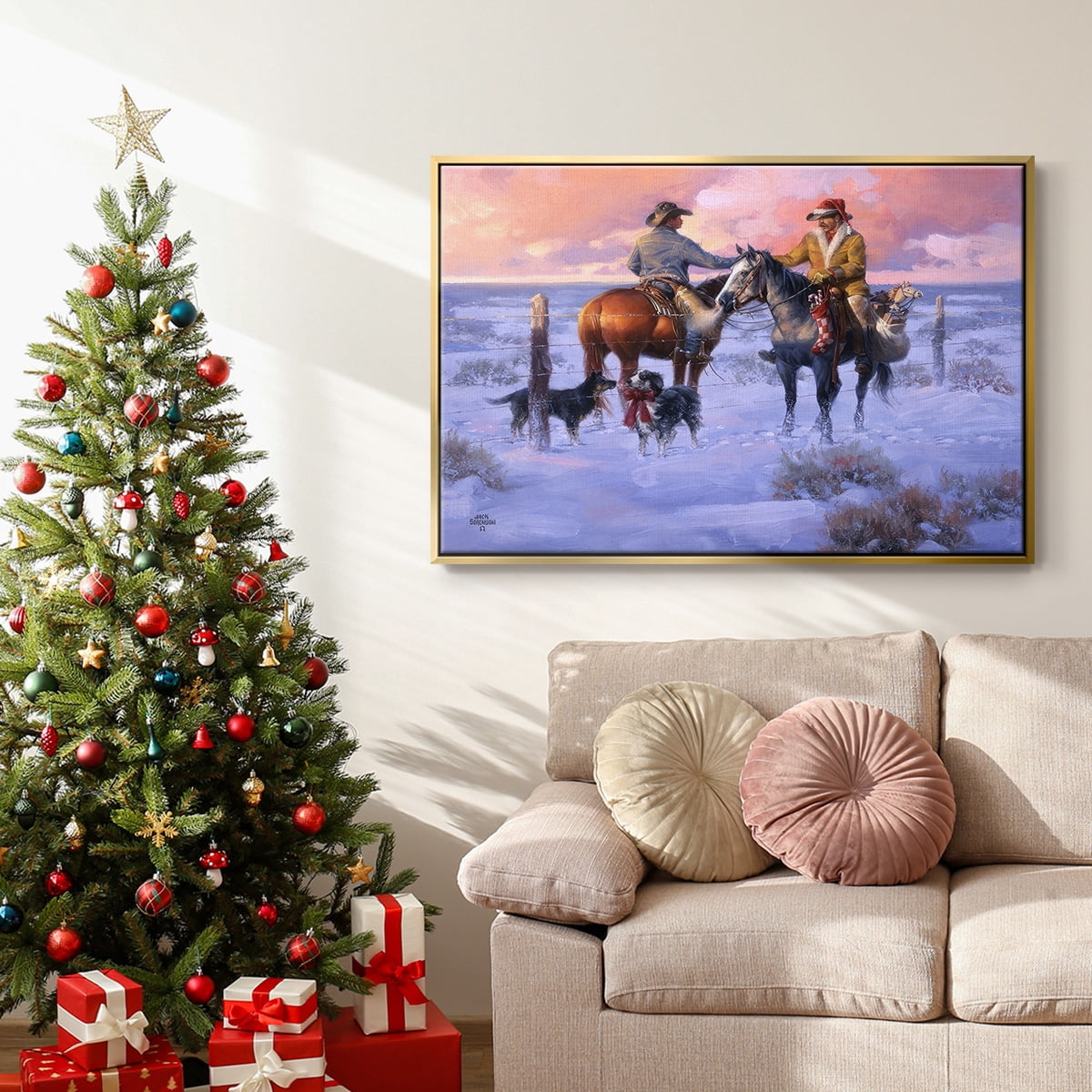 Sharin' Christmas with the Neighbors - Framed Gallery Wrapped Holiday Canvas - 17 x 25 - Gold Frame
