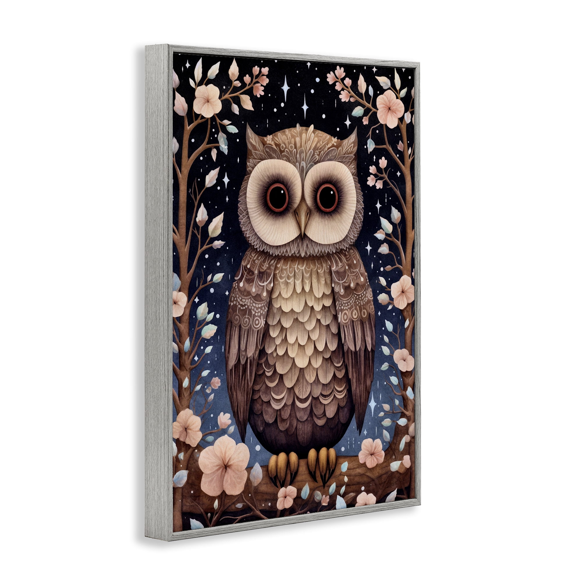 Stupell Industries Woodland Pattern Owl Animals & Insects Painting Gray Framed Art Print Wall Art, 12 x 18