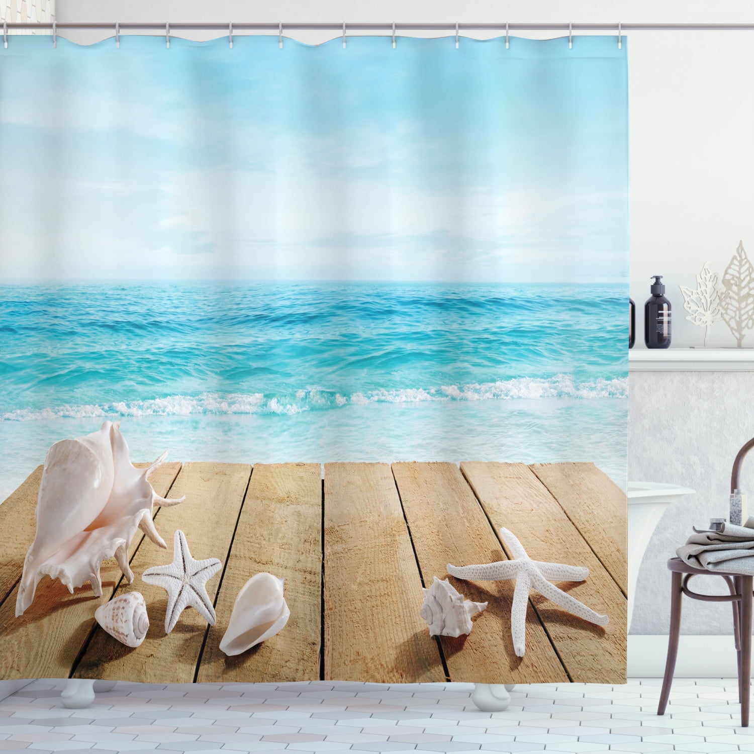 Blue sky seashell beach style Bathroom Shower Curtain Fabric w/12 Hooks 71*71in 