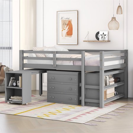 Loft Bed with Rolling Portable Desk and 3 Storage Drawers  Wood Full Size Low Loft Bed Frame with Two-tier Shelves  Safety Guardrail and Ladder  Multifunctional Loft Bed  No Box Spring Needed  Gray