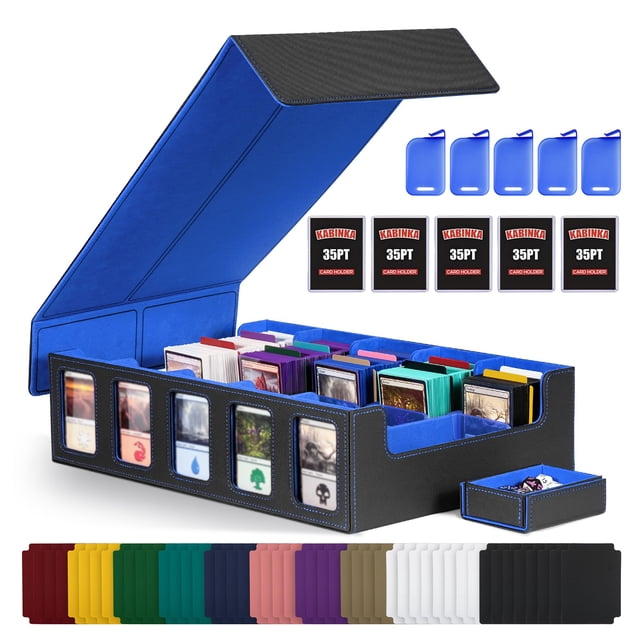 Trading Card Storage Box with Commander Display , 5-Row Deck Case with Removable Lid; 3900+ Card Deck Box for MTG TCG Sports Card, 5 Toploaders, 5 Stoppers, 48 Dividers,1 Dice