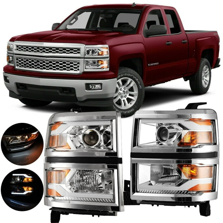 LED DRL Projector Headlights for 2014-2015 Chevrolet Silverado 1500 Chrome  Pair