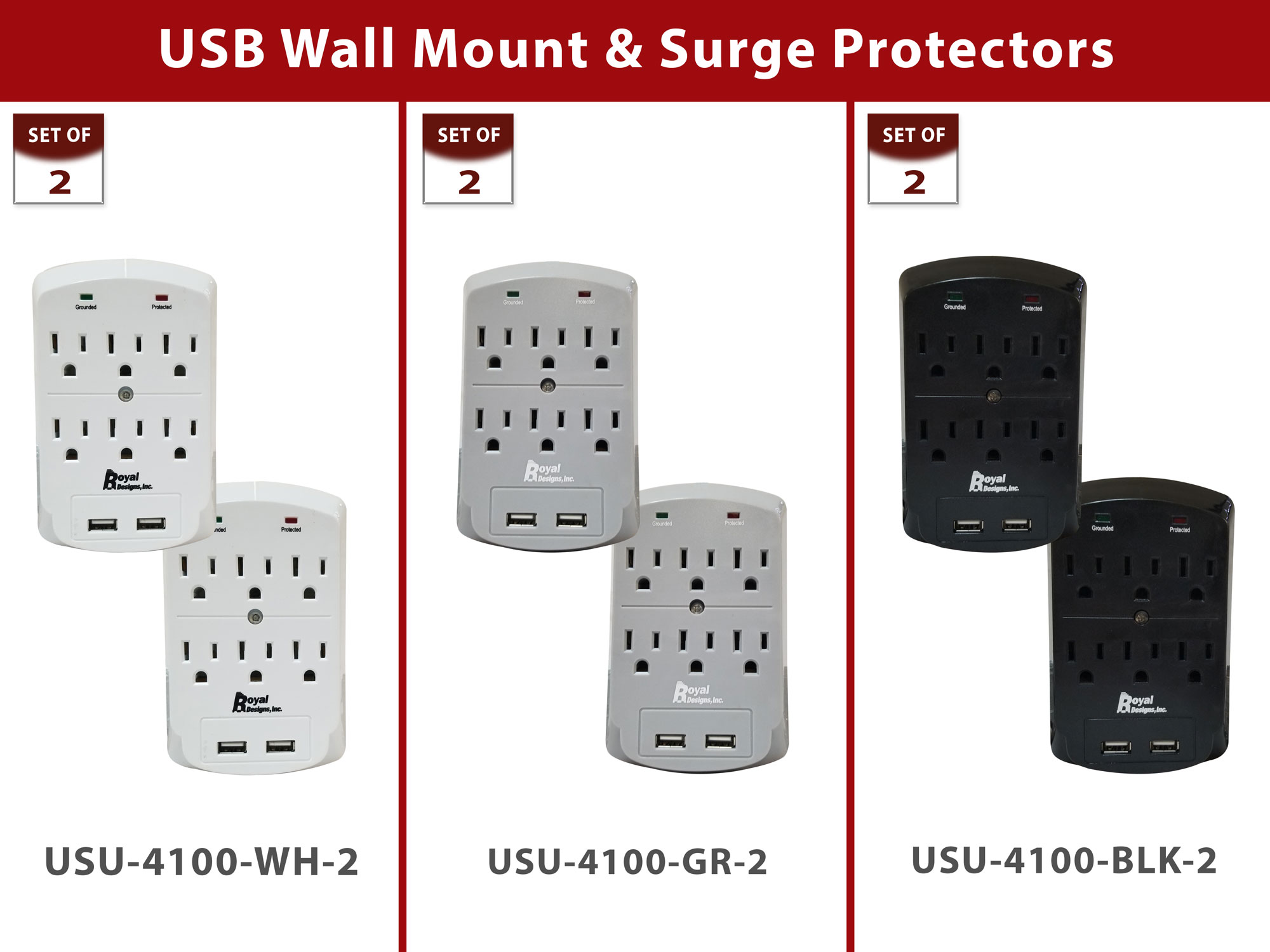 Royal Designs Gray USB Wall Mount and Surge Protector with 6 Outlets and Two USB Ports, Set of 2