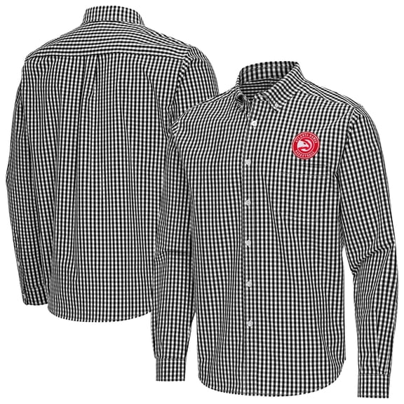 Men's Antigua Black Atlanta Hawks Ellis Woven Tri-Blend Button-Down Shirt