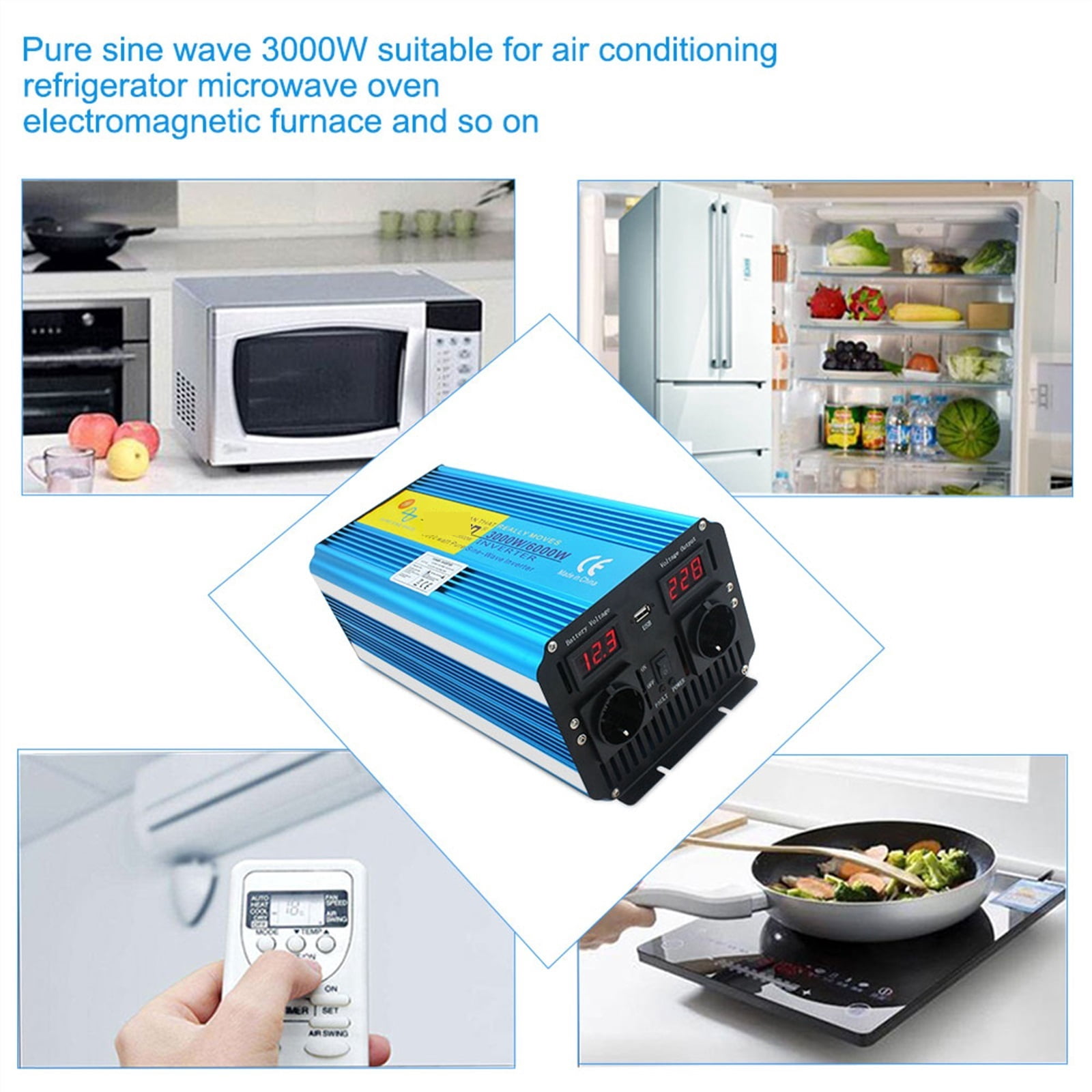 Inverter 12v/ 24v 220v 6000w 50HZ/60HZ Pure Sine Wave Solar Voltage Transformer Converter LED Display Charging Dual Socket