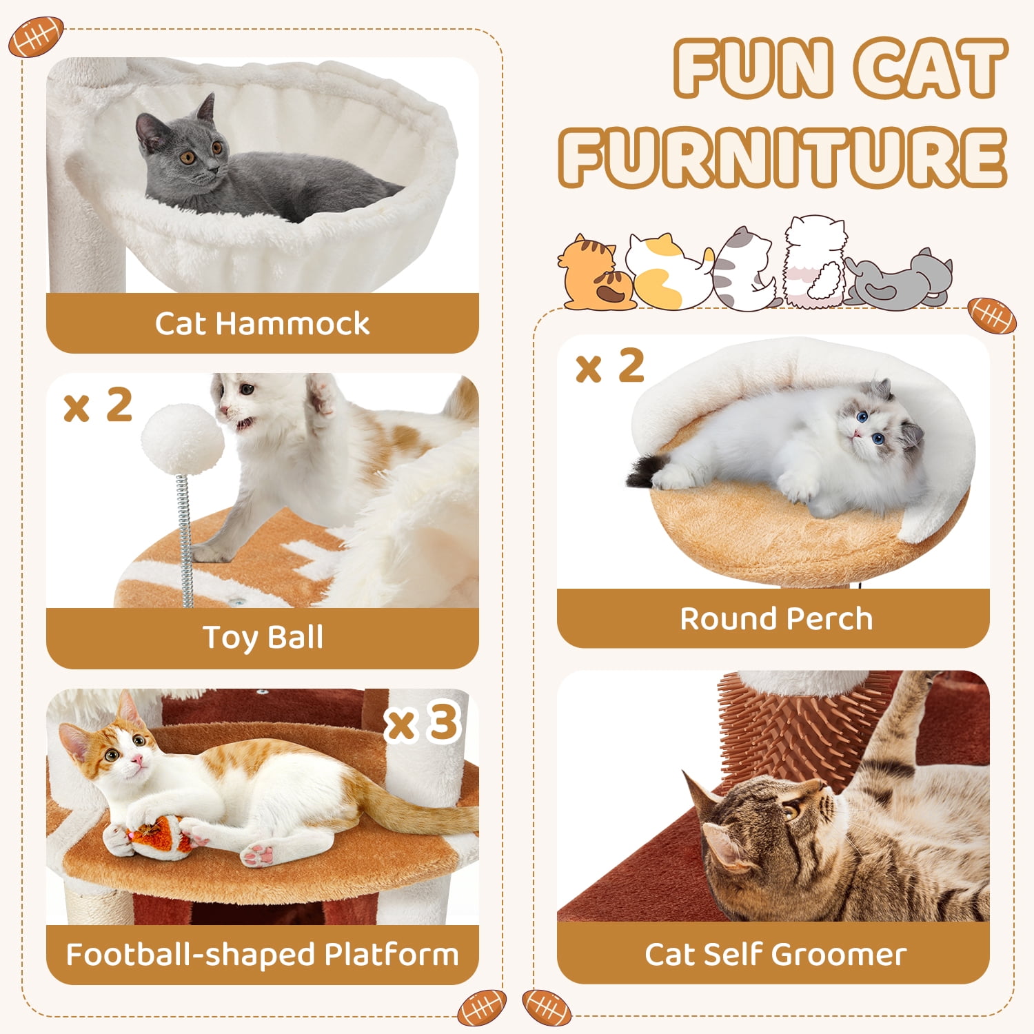 Erinnyees Cat Tree with Football Design, 74 Inches Cat Tower, Cozy Cat Cave Bed for Indoor Cats, 2 Cat Spacious Condos with Sisal Scratching Post, 5 Perches, Hammock and 2 Pompoms