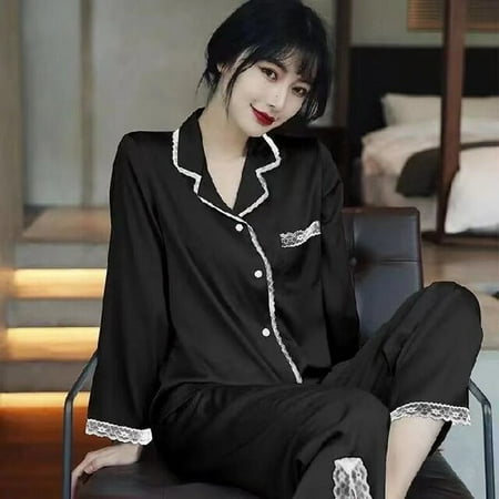 

DanceeMangoo Spring Autumn New Soft Stain Womens Pajamas Set Long-sleeved Trousers Two-piece Set Lace Silk Home Wear Clothes for Women