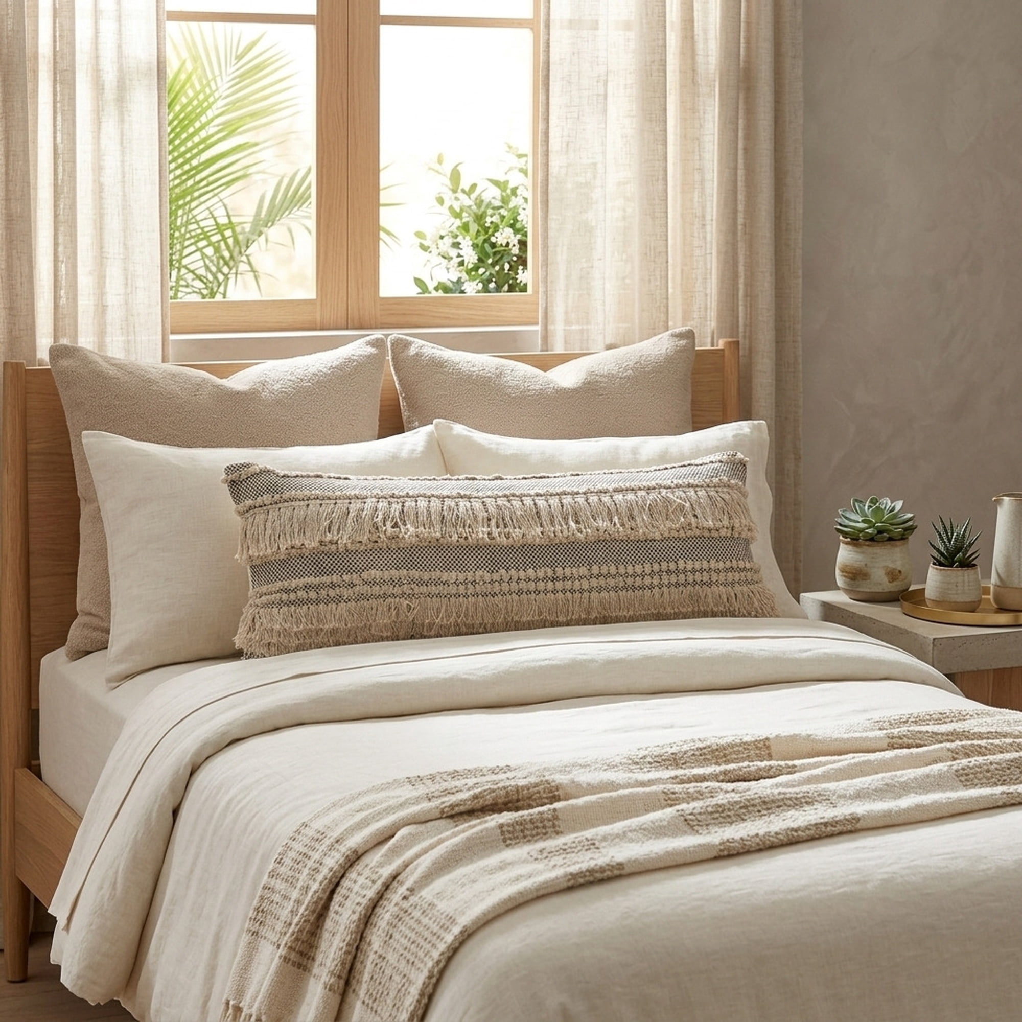 LR Home Elia Natural/Black Striped Cotton Fringed Adult Decorative Lumbar Pillow