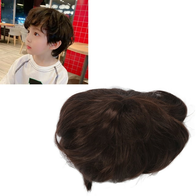Pelo Corto Ondulado Para Niño, Textura Esponjosa, , Sintético, Marrón Oscuro, Peluca Corta Rizada Para Niño, Realista Para Niños Para Halloween