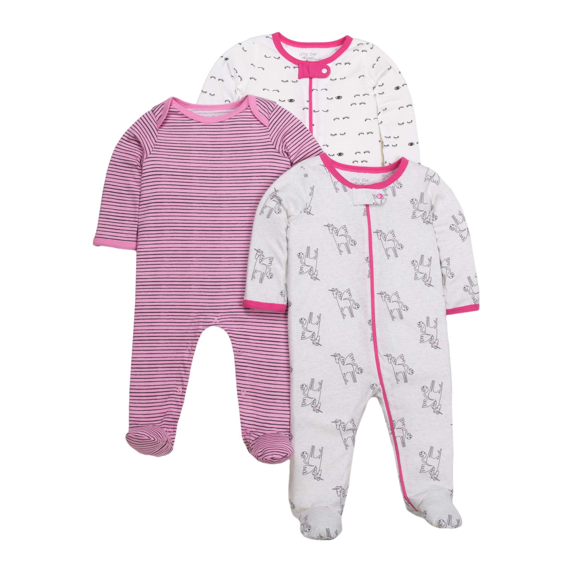 Little Star Organic Newborn Baby Girl Sleep 'N Play Footed Pajamas, 3