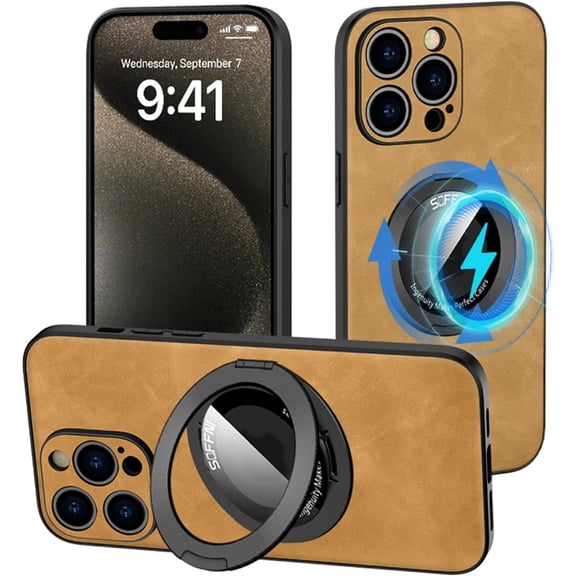 Magnetic for iPhone 15 Case with Stand Compatible with MagSafe Authentic Sheep Bark Skin Ultra Thin 360° Rotation Bracket Anti-Scratch Mil-Grade Drop Protection Case, Brown