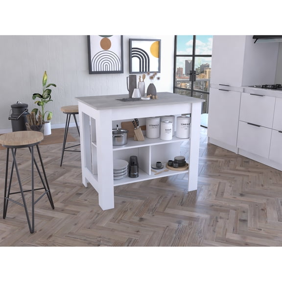 Miekor Furniture Cala Kitchen Island, Four Legs, Three Shelves -White / Ibiza Marble MK4865
