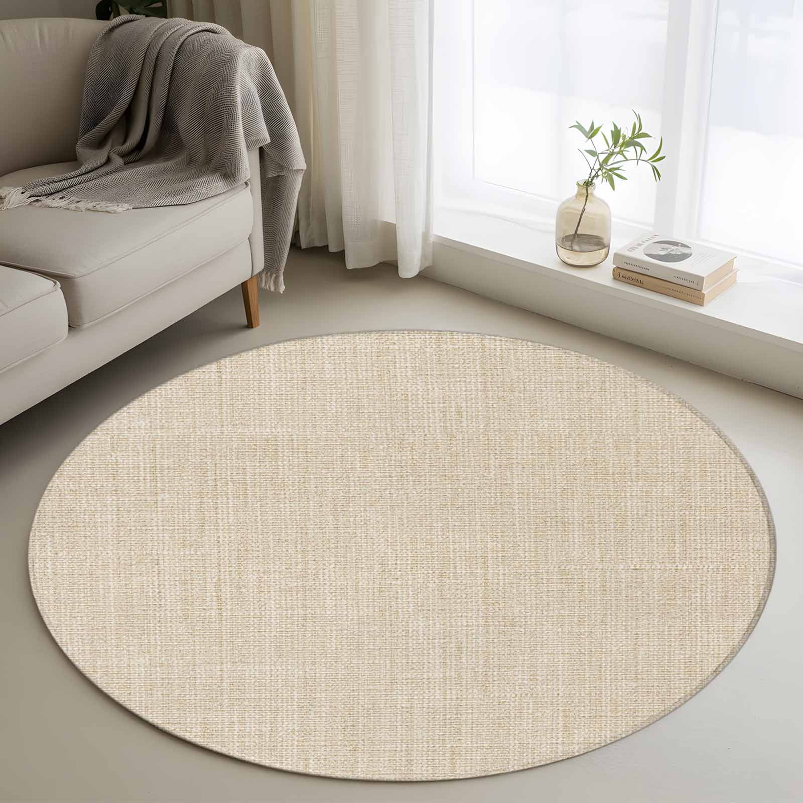 Vintage Cream Round Area Rug 3 FT, Small Kitchen Bathroom Mat, Farmhouse Retro Beige Solid Color Washable Indoor Outdoor Throw Runner Carpet Non-Shedding Doormat for Table Shower Sofa Entryway