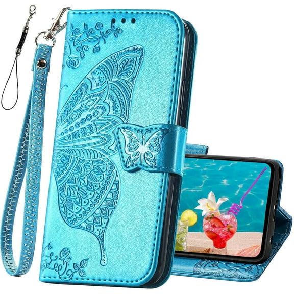 for Moto G Stylus 5G 2021 Case Wallet,Women Butterfly Embossed PU Leather Flip Cover with Kickstand Card Holder Slots Wrist Strap Protective Case for Motorola Moto G Stylus 5G (Blue)