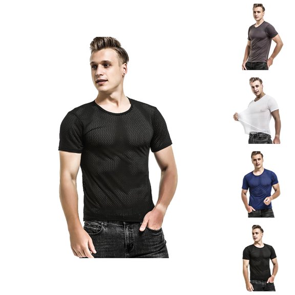 Gym Shirts Men Summer Solid Cool Ice Silk Crew Neck Short Sleeve Mens T-Shirts Sports Top