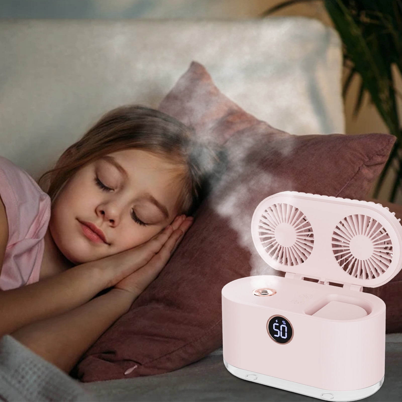 Fridja 2-in-1 Small Humidifier with Dual Fan, 2000mAh Desktop Humidifier, 400ml USB Rechargeable Battery Operated for Office Home Car Baby