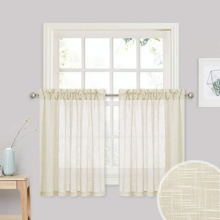 Linen Textured Sheer Tiers - Beige Half Translucent Sheer Window ...