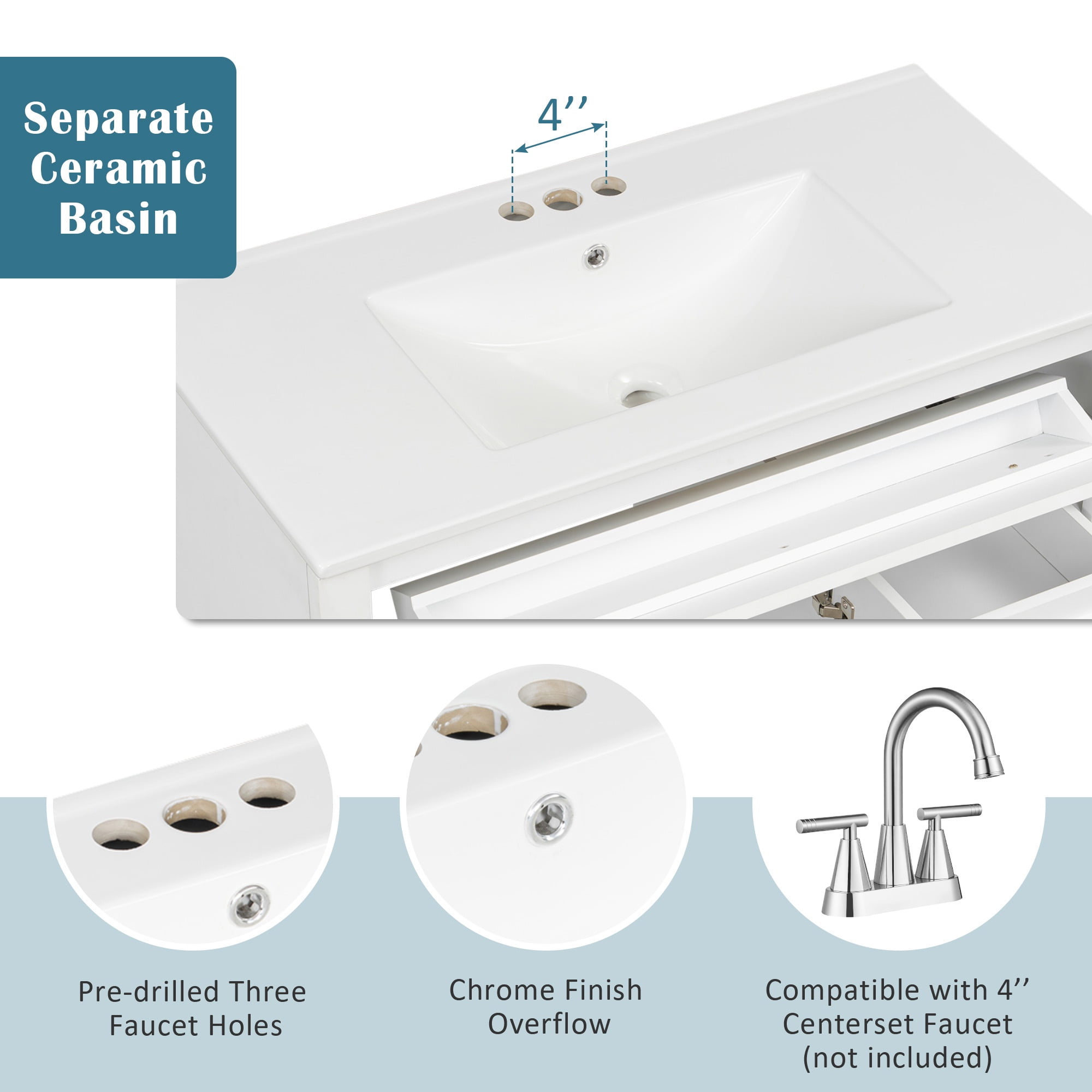 PORKISS 36" Bathroom Vanity with Ceramic Sink, Freestanding Bathroom Storage Cabinet with Flip-Out Drawer, 3 Drawers and 2 Doors, Wood Bathroom Vanity Cabinet with Gold Hardware, White