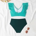 thumbnail image 6 of Women's Pleated Slim Fit V-Neck Color Block Ruffled Two-Piece Swimsuit Cyan L, 6 of 8