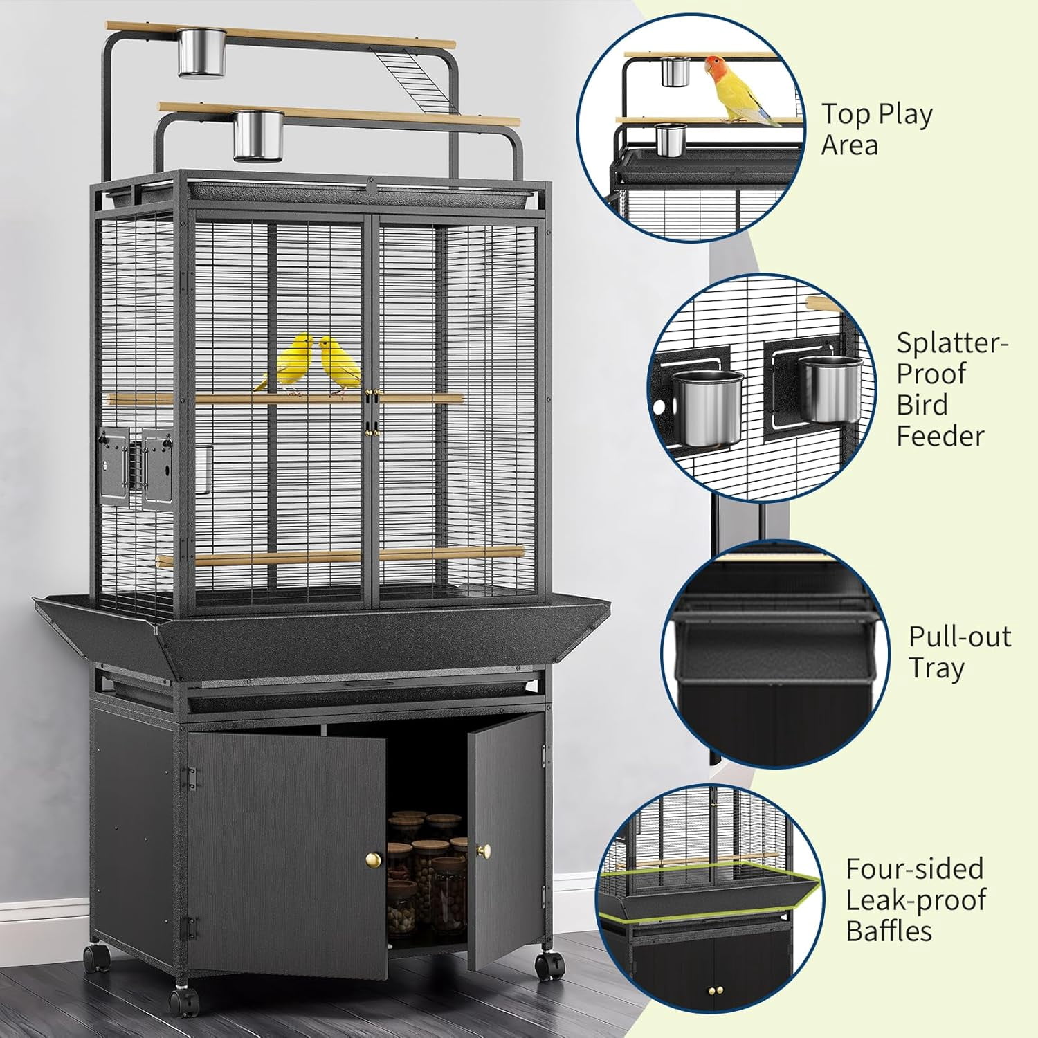 Rugerasy Large Rolling Metal Bird Cage with Play Top,Heavy Duty,Escape-Proof,Easy-Clean Tray,Storage Cabinet,Stand & Wheels,Black