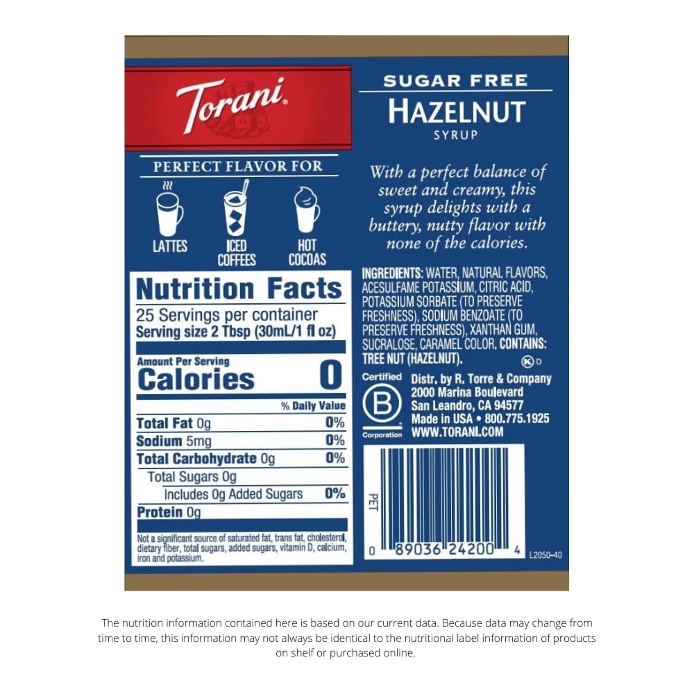 (4 pack) Torani Sugar Free Hazelnut Flavored Syrup in Glass Bottle, 25.4 fl oz
