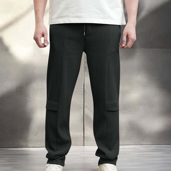 Jyeity Mens Pants Corduroy Drawstring Fashion Straight Leg Elastic Waist Loose with Pockets Black Pants L