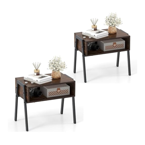 Sunshen Industrial Nightstand Set of 2, Stackable End Table with Open Storage Compartment, Sofa Side Table with Metal Frame for Bedroom, Living Room and Small Spaces, Rustic Brown (2)