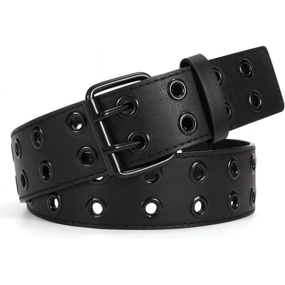 WERFORU Double Grommet Belt PU Leather Punk Belt for Women Men Jeans 2 Hole Belts 1.5 Wide