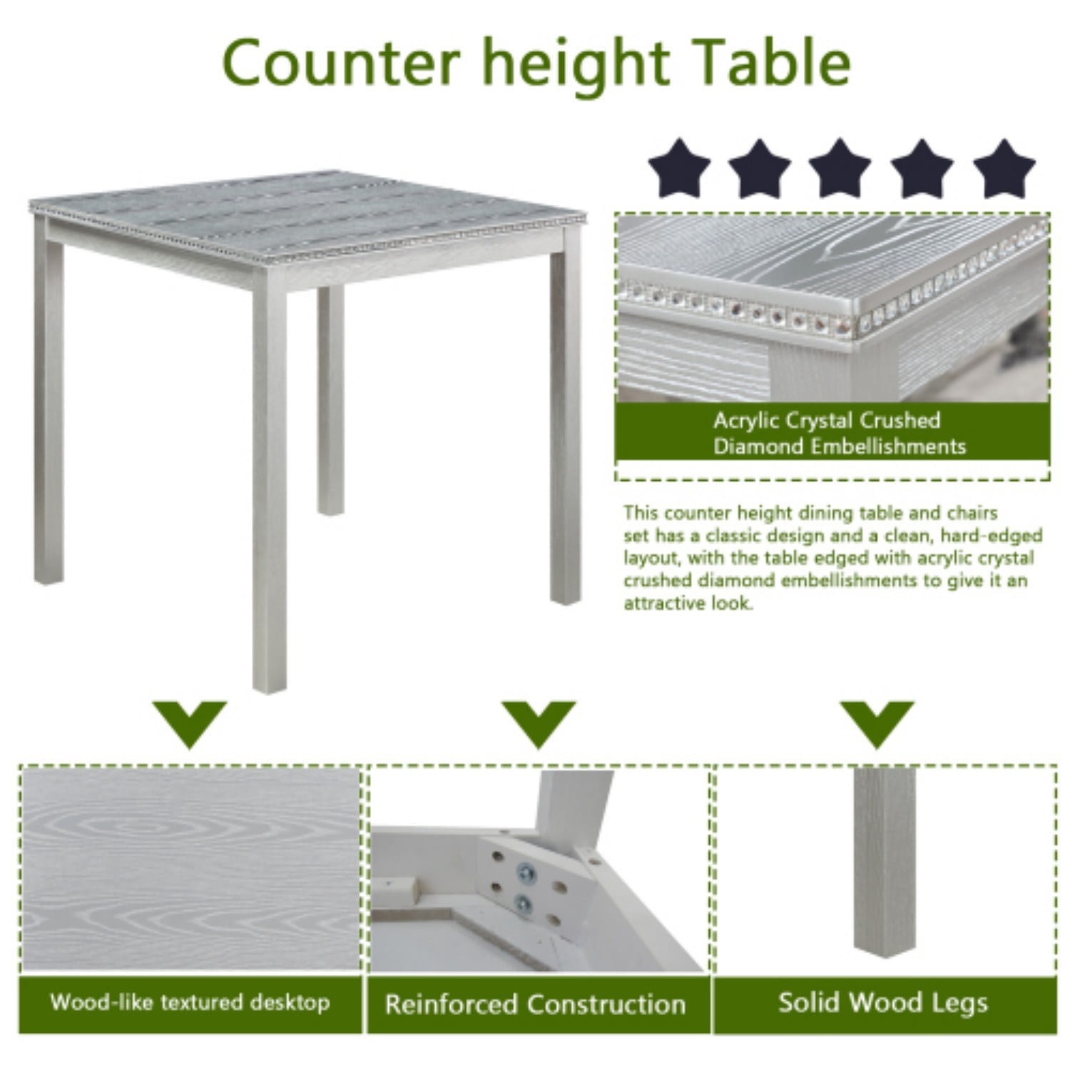 5 Piece Counter Height Dining Table Set, Square Kitchen Table with 4 Upholstered Chairs, Wooden Dining Set with Crystal Decoration for Dining Room, Silver Gray