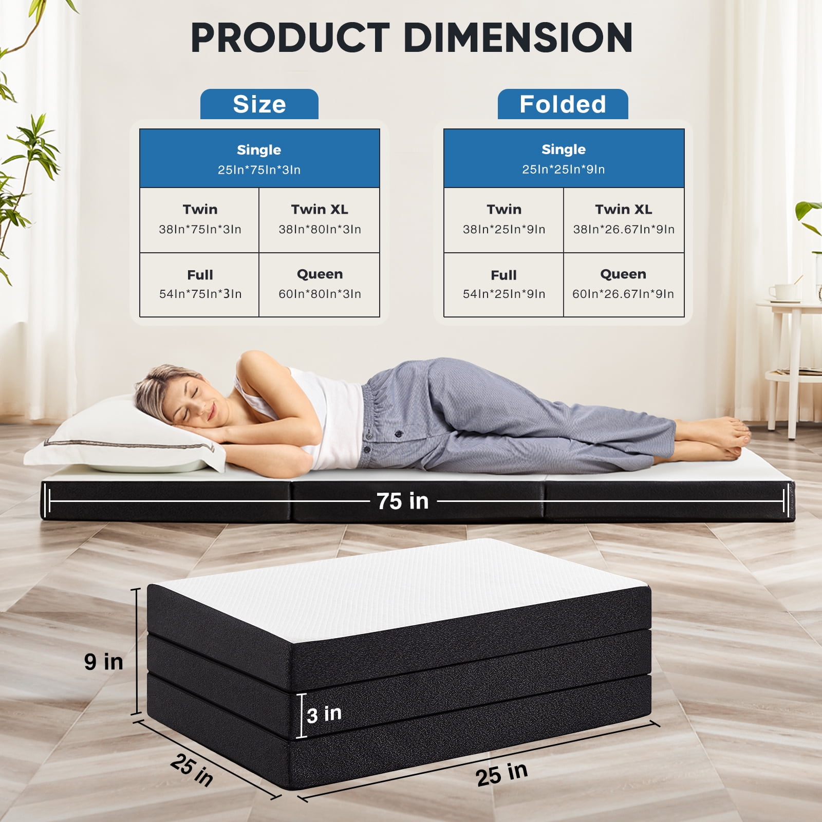 MAYEERTY 3" Tri-Fold Memory Foam Mattress Portable Foldable Non-Slip Floor Bed for Camping & Guest Use, Queen