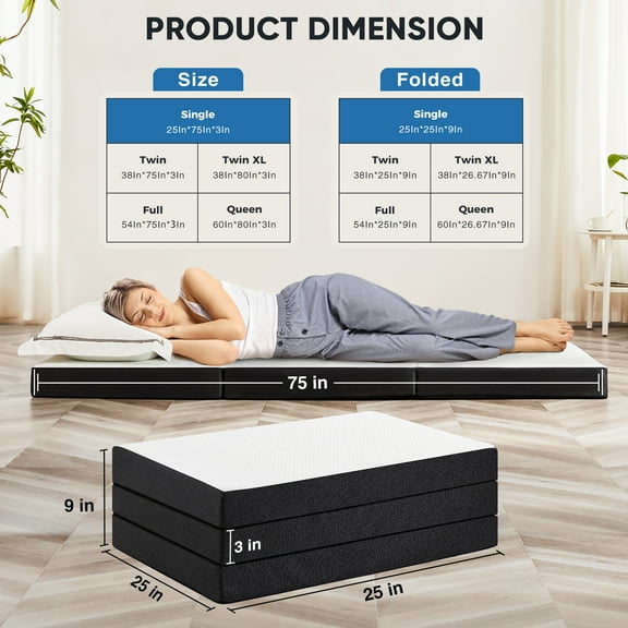 GIANNA 3" Singel Size Tri-fold Memory Foam Mattress, Foldable Mattress