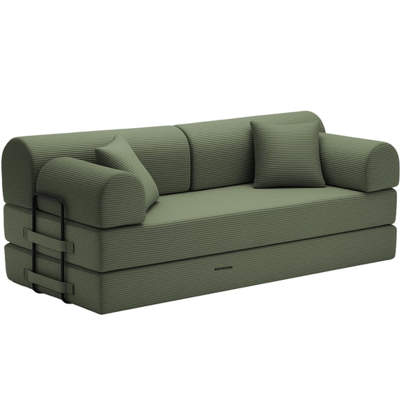 Anykoon Grayish Green Corduroy 4-in-1 Convertible Sleeper Sofa, Folding Mattress Couch with High-Resilience Foam, No Assembly Required