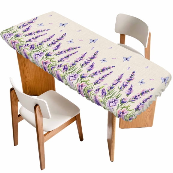 Botanical Lavender Floral Table Cloths for 8 Foot Rectangle Tables, Purple Flowers Butterfly Beige Patio Waterproof Elastic Fitted Tablecloths, Washable Rectangular Table Cover for Camping
