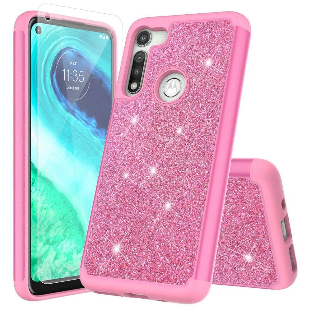 for Motorola Moto G Fast (2020) with Temper Glass Phone Case Glitter
