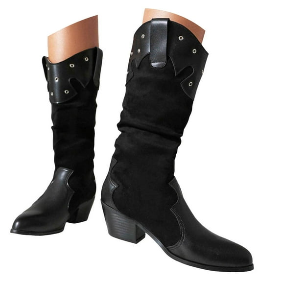 Mostsola Slouchy Cowboy Boots for Women Retro Heel Studded Long Boots Pull on Western Boots