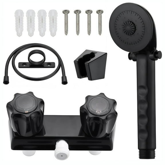 RV Shower Head with Hose, Black Plastic Wall Shower Set, Adjustable Turning Knobs, Includes Wall Mount, Shower Head, Hose, Screws, and Expansion Tubes for Easy Installation