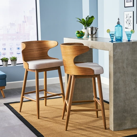 2 Mid-century Bar Chairs, Beige Fabric Covered, Strong Rubberwood, 23"w X 21"d 41"h Of Two Upholstery,