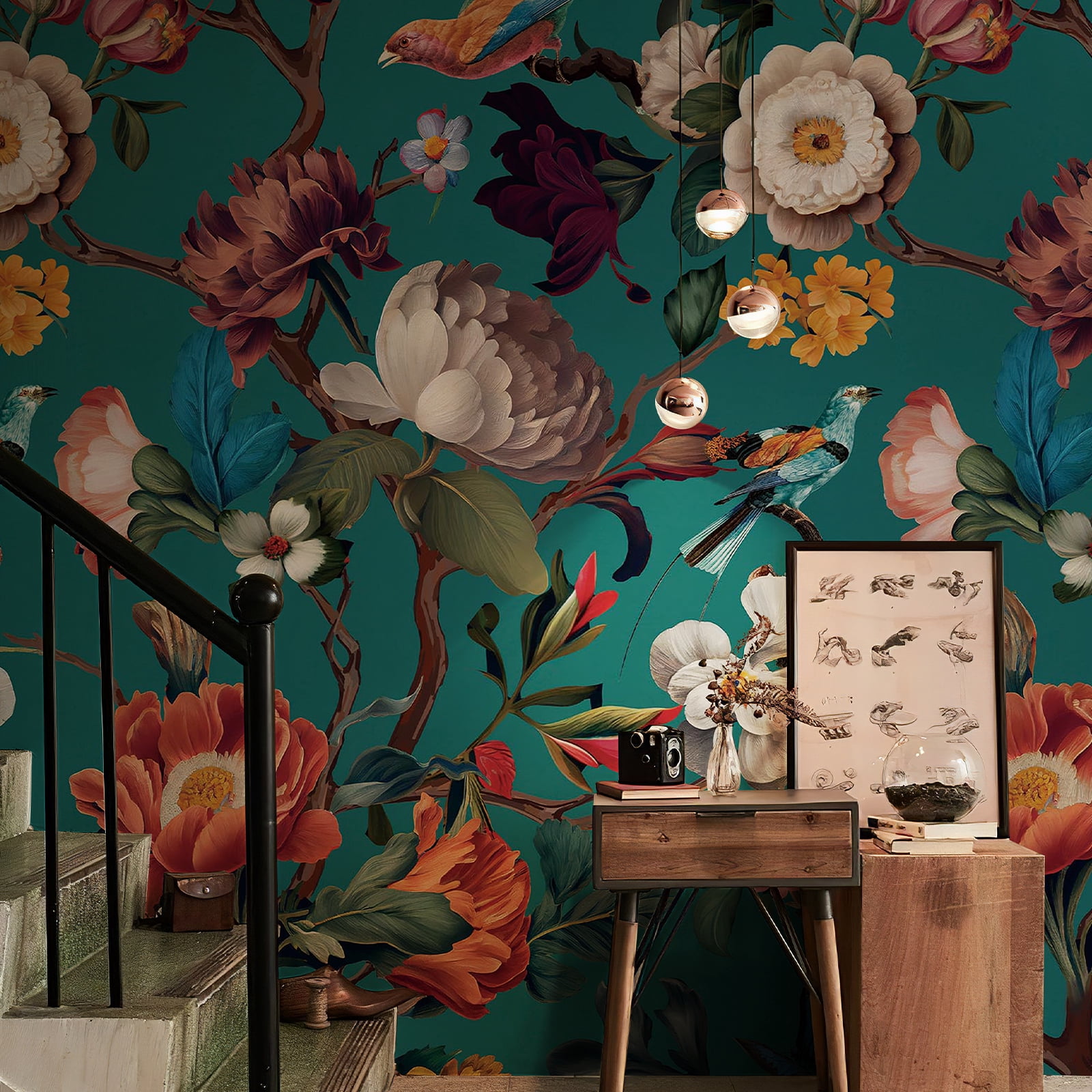 Xiayi Dark Blue Floral Mural Wallpaper Peel & Stick, 148" W x 98" H, Removable Vintage Wall Covering for Bedroom, Living Room & Rentals, 1 Piece