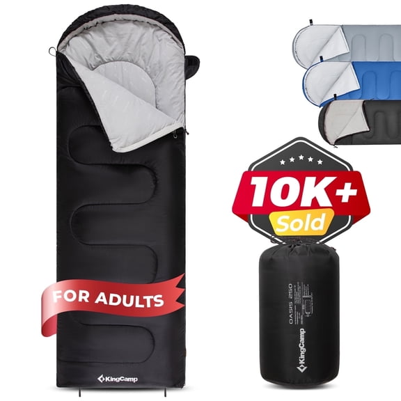 KingCamp 3-Season Cold Weather Sleeping Bag - Lightweight, Waterproof & Compression Sack Included, 27°F-54°F, Left Zip Design for Adults, Ideal for Camping, Backpacking & Travel (Black)