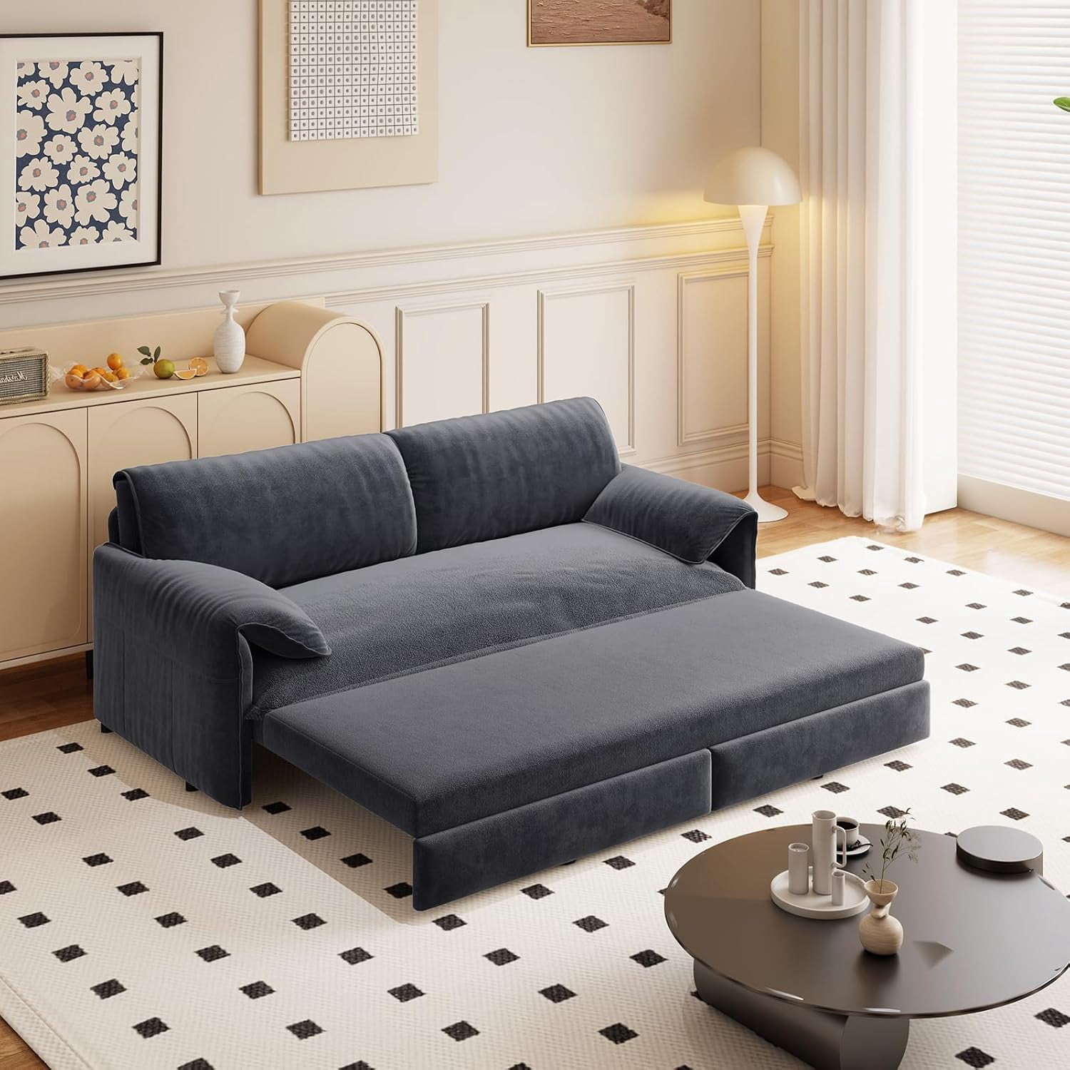 66" Queen Pull Out Sleeper Sofa, 3‑in‑1 Velvet Convertible Loveseat with Side Storage for Apartment Bedroom