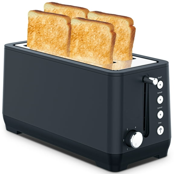 Sleek Black 4-Slice Toaster – 1.5-Inch Wide Slots, 6 Browning Modes, Bagel/Defrost/Reheat, Effortless Morning Treats