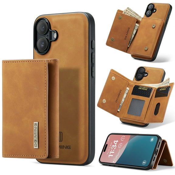 for iPhone 16 PU Leather Wallet Case, Classic Detachable Magnetic Back Card Pockets Shockproof Protective Business Kickstand Phone Case Cover for iPhone 16, Brown