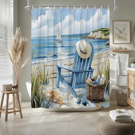 Beach Scene Shower Curtain Coastal Ocean Blue Chair Design Sailboat and Seashell Design Hawaii Scenery Waves Seaside Fabric Bathroom Accessories with Hooks-72 W x 96 L (Pack of 1)