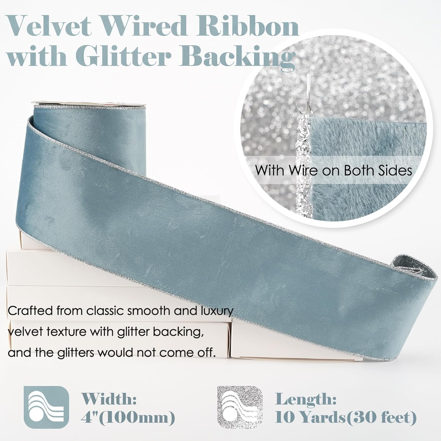 Christmas Velvet Wired Ribbon 4 inch Dusty Blue Velvet with Silver Glitter Wired Ribbon for X-mas Trees Decoration, Large Bows, Holiday Crafts, Wreaths Supplies- Continuous 10 Yards