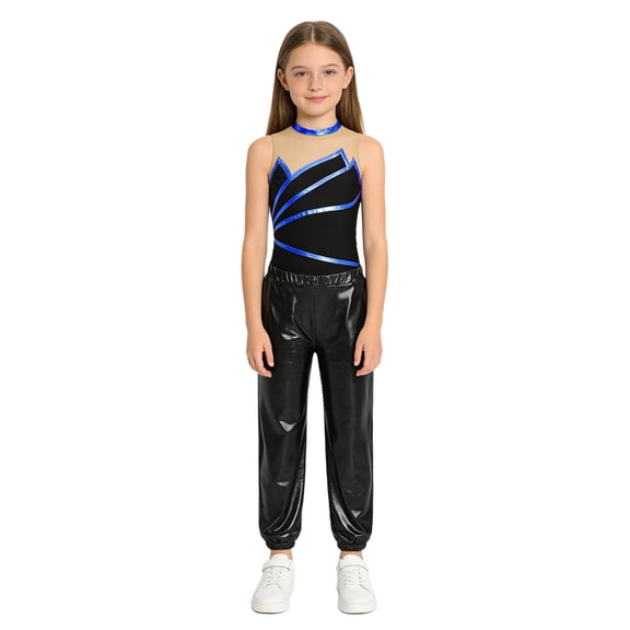 Hansber Kids Girls Hip Hop Jazz Dance Outfits Gymnastics Leotard with Metallic Shiny Jogger Pants Set Royal Blue&Black 10