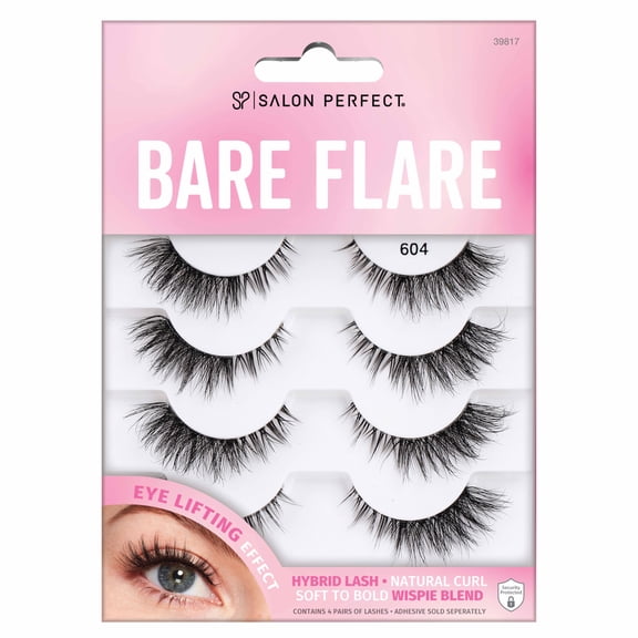 Salon Perfect Bare Flare Hybrid Wispy Fake Lashes, False Eyelashes, 604, Black, 4 Pairs