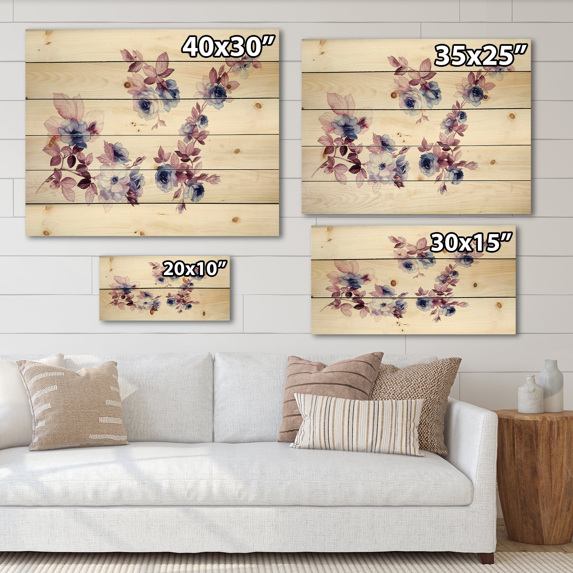 Designart 'Purple Wildflowers On White I' Traditional Print on Natural Pine Wood