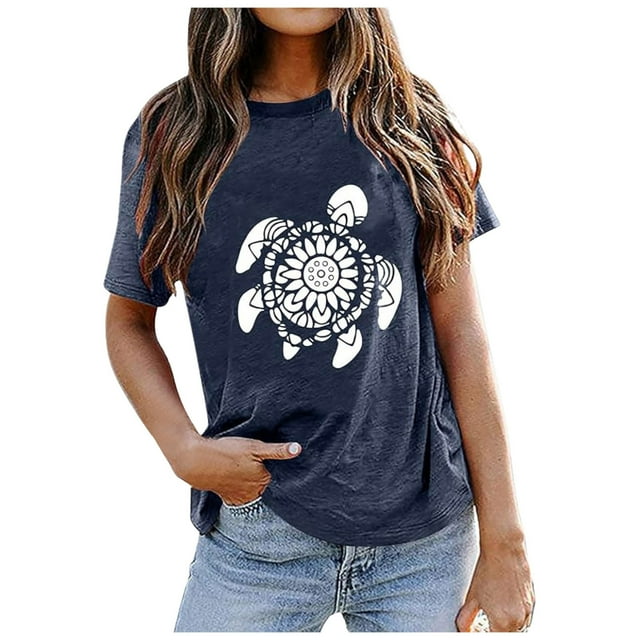 LUOGENLI T-shirts pour Femme pour Femmes T-shirts Décontractés pour Femmes avec Imprimé de Tortues de Mer Col Rond Manches Courtes T-Shirt Haut T-shirts pour Femmes T-Shirt Graphique Saint-Patrick Bleu Marine TG
